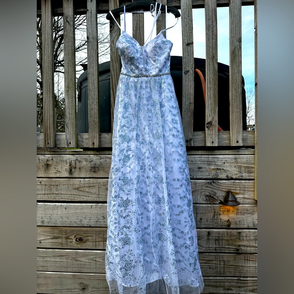 Once worn blue and white prom dress